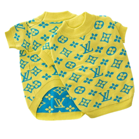 Yellow dog sweater with blue Louis Vuitton monogram pattern and ribbed collar