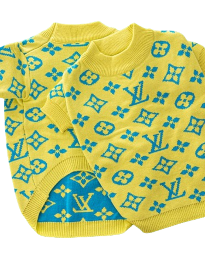 Yellow dog sweater with blue Louis Vuitton monogram pattern and ribbed collar