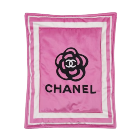 Black Chanel style dog blanket with white logo and text border