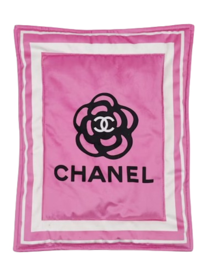 Black Chanel style dog blanket with white logo and text border