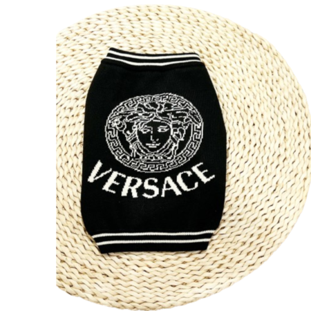 Black Versace-inspired dog sweater with varsity striping on woven mat