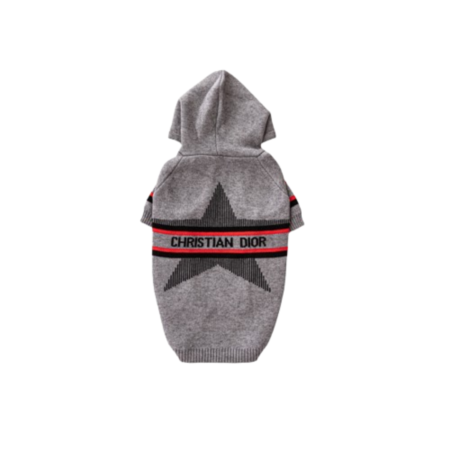 Grey knit dog hoodie with star pattern and Christian Dior text band on white background