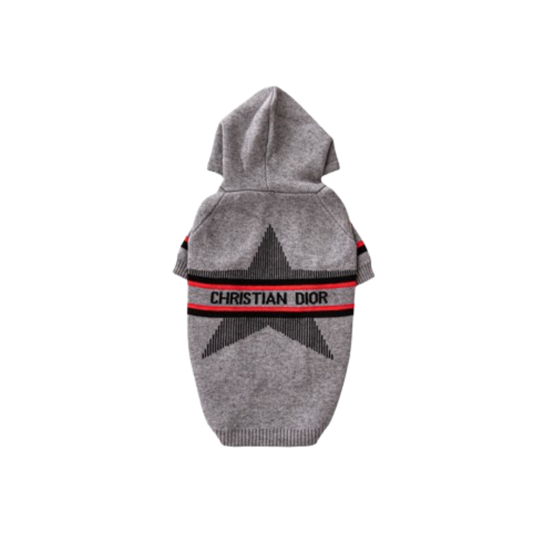 Grey knit dog hoodie with star pattern and Christian Dior text band on white background