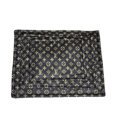 Designer dog travel carrier with V monogram pattern and structured handles