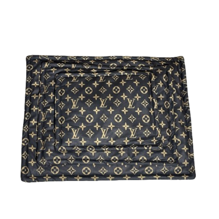 Designer dog travel carrier with V monogram pattern and structured handles