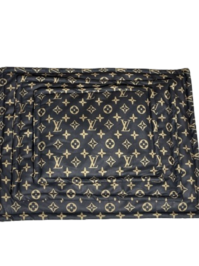 Designer dog travel carrier with V monogram pattern and structured handles