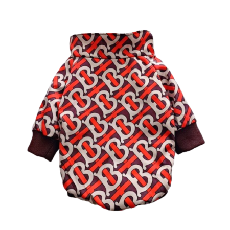 Coffee colored TB monogram dog jacket back view Burberry inspired with all-over print