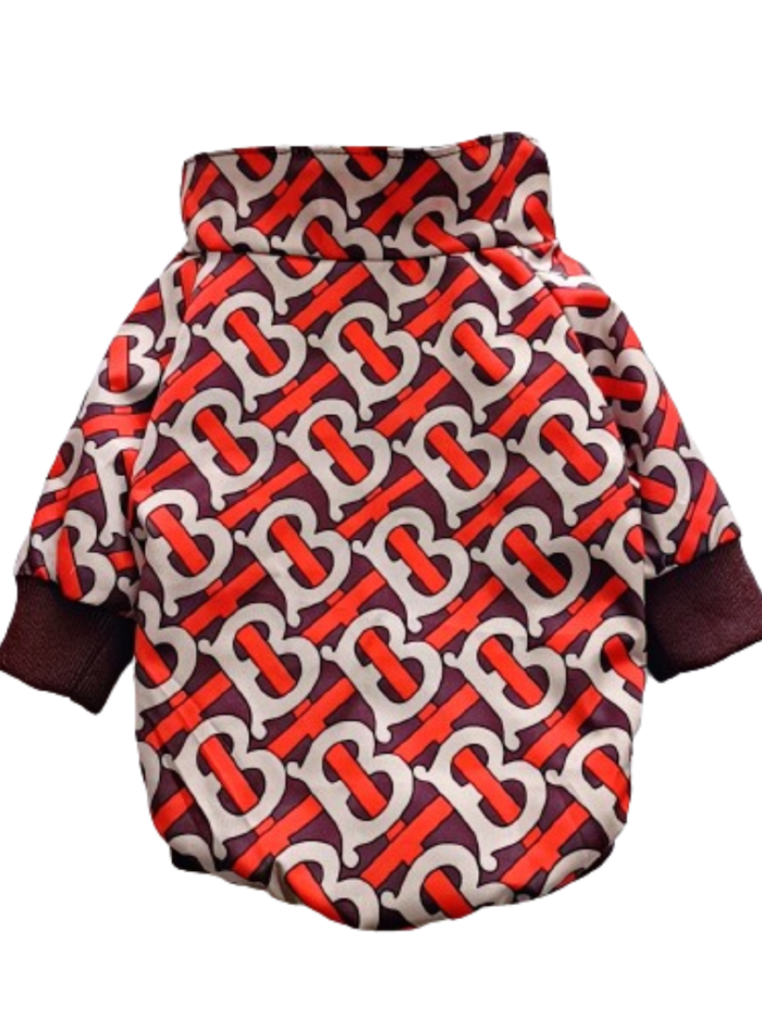 Coffee colored TB monogram dog jacket back view Burberry inspired with all-over print