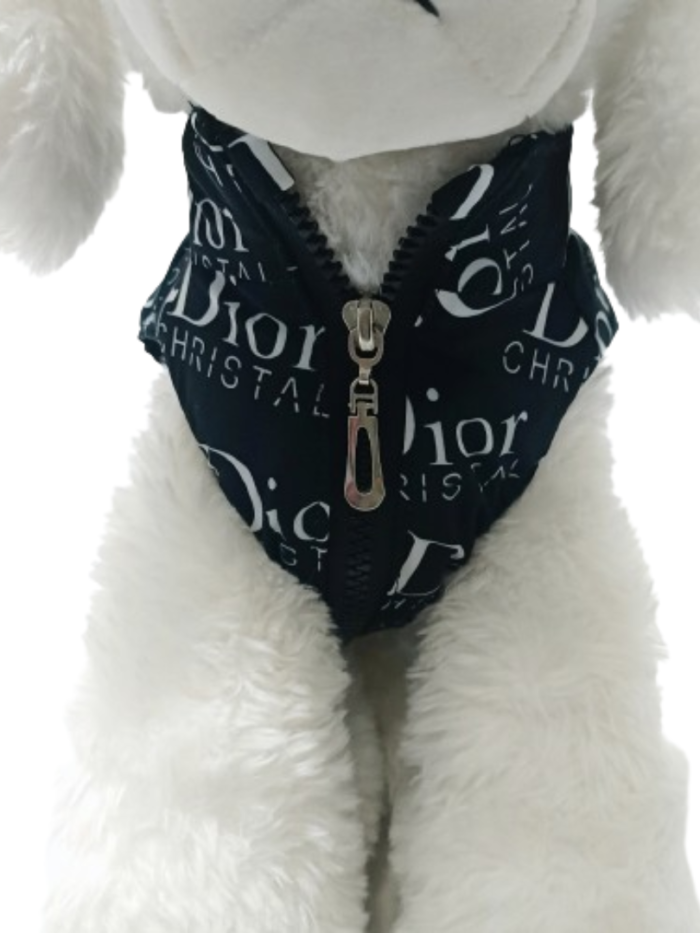 Small white dog wearing black Dogior vest with oblique print pattern