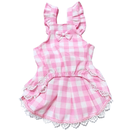 Pink gingham dog dress showing full silhouette with white lace hem and bow accents