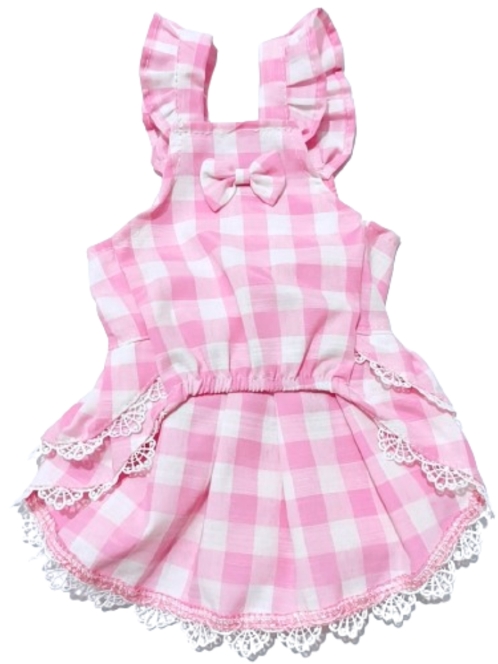 Pink gingham dog dress showing full silhouette with white lace hem and bow accents