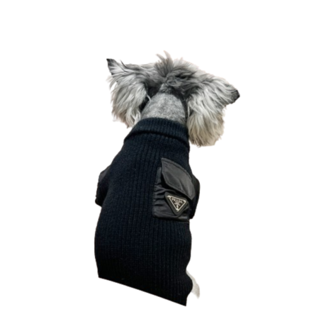 Black heavy knit dog sweater with nylon panels on small fluffy dog