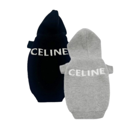 Black and grey ribbed knit dog hoodies with CELINE lettering inspired by Celine