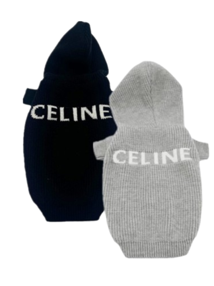 Black and grey ribbed knit dog hoodies with CELINE lettering inspired by Celine