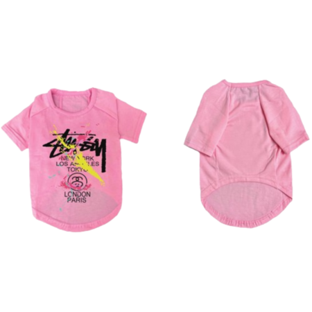 Pink dog tee with colorful city print streetwear style ASSC parody