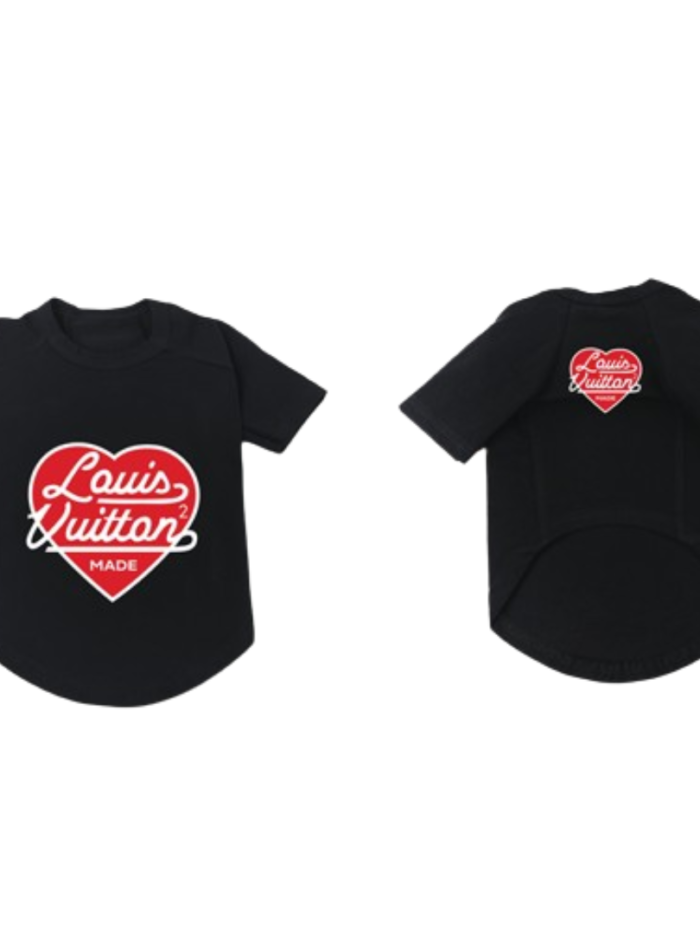 Black dog tee with red heart logo Louis Vuitton inspired design front and back view