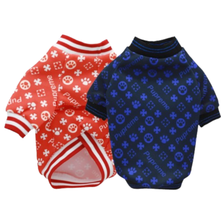 Red and blue dog tees with allover Pupreme logo print and striped collar trim inspired by Supreme