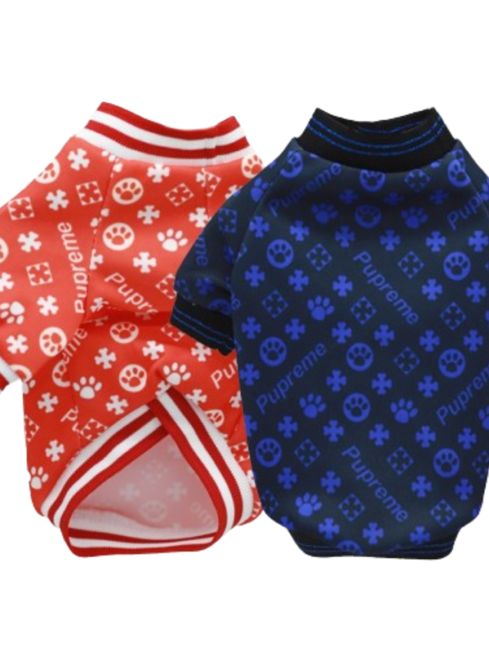 Red and blue dog tees with allover Pupreme logo print and striped collar trim inspired by Supreme