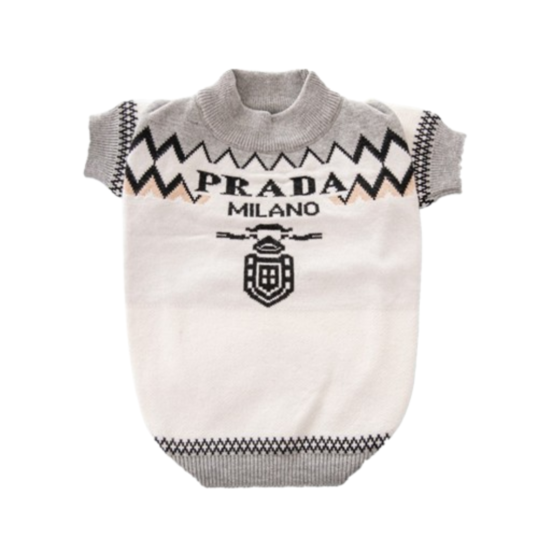 Close-up white knit dog sweater geometric pattern Prada style with shield logo detail