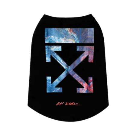 Black dog tee with tropical galaxy Off-White inspired arrow graphics and coral text