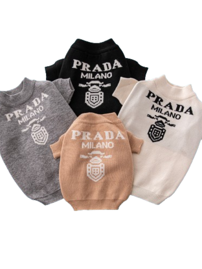 Four Pawda Milano dog sweaters in black white grey khaki with Milano logo Prada inspired