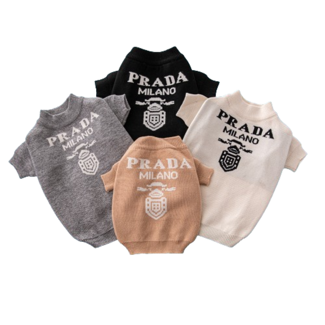 Four Pawda Milano dog sweaters in black white grey khaki with Milano logo Prada inspired