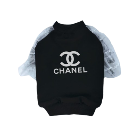 Black dog sweatshirt Chanel inspired with white lace sleeves and logo