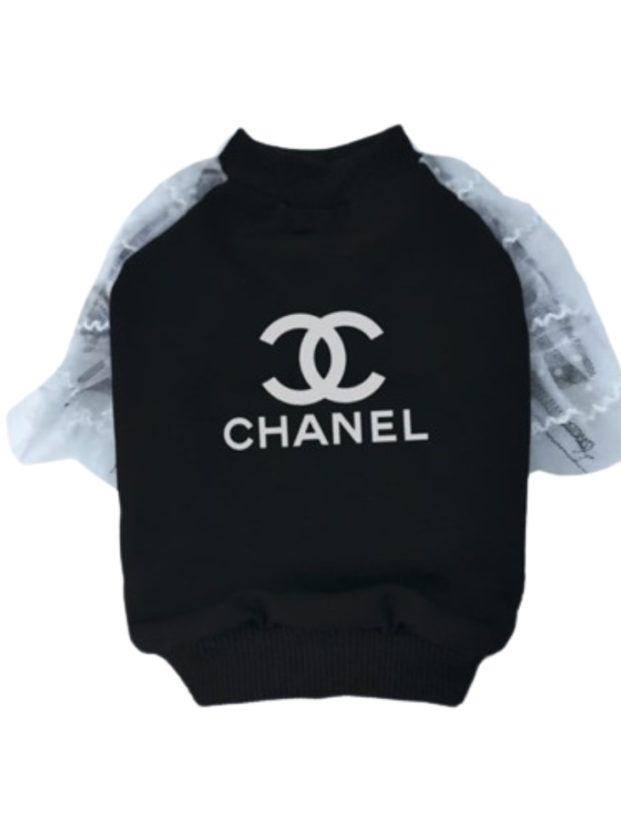 Black dog sweatshirt Chanel inspired with white lace sleeves and logo