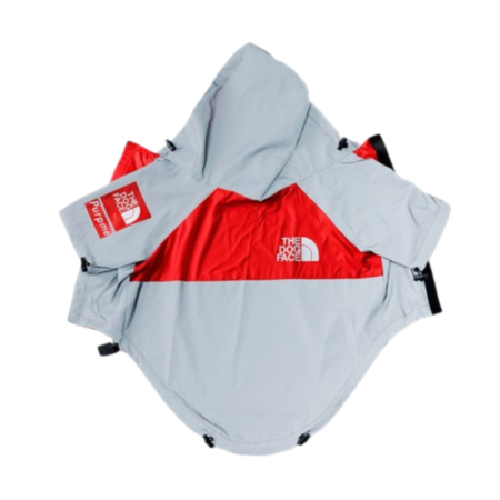 Grey and red TDF windbreaker with reflective panels flat lay on white background