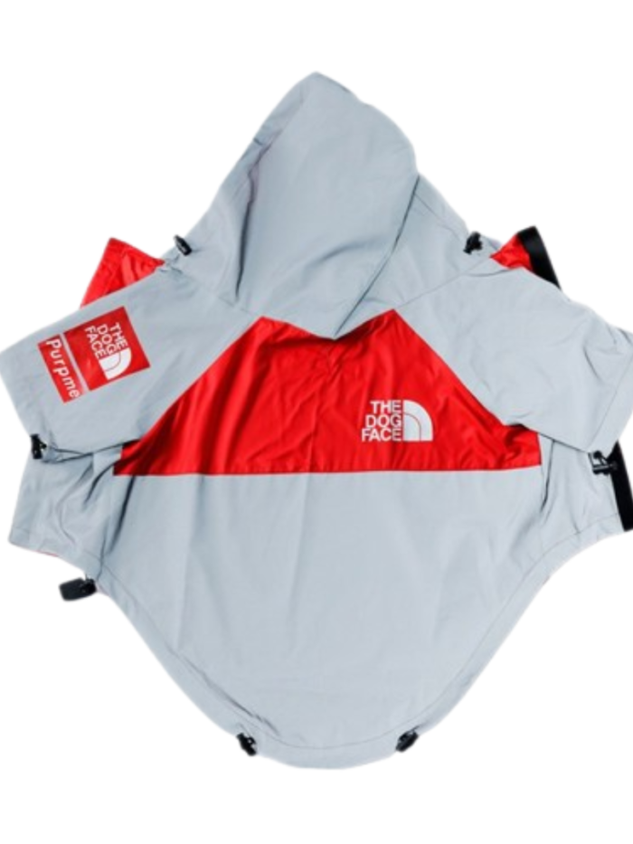 Grey and red TDF windbreaker with reflective panels flat lay on white background