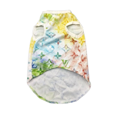 Multicolor watercolor monogram dog vest Louis Vuitton inspired on white background