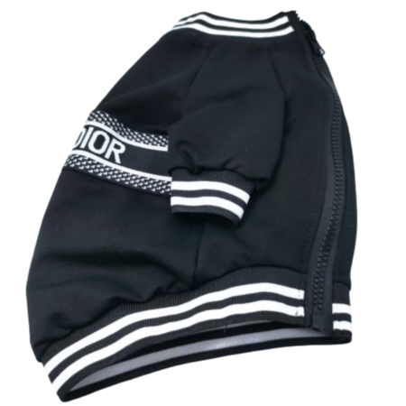 Navy athletic dog jacket with white ribbed cuffs and collar striped design