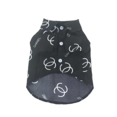 Black polo shirt with white interlocking CC logo pattern and button placket Chanel style