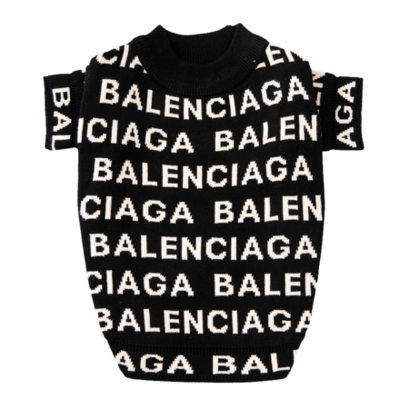 Black knit dog sweater with all-over white Balenciaga logo text