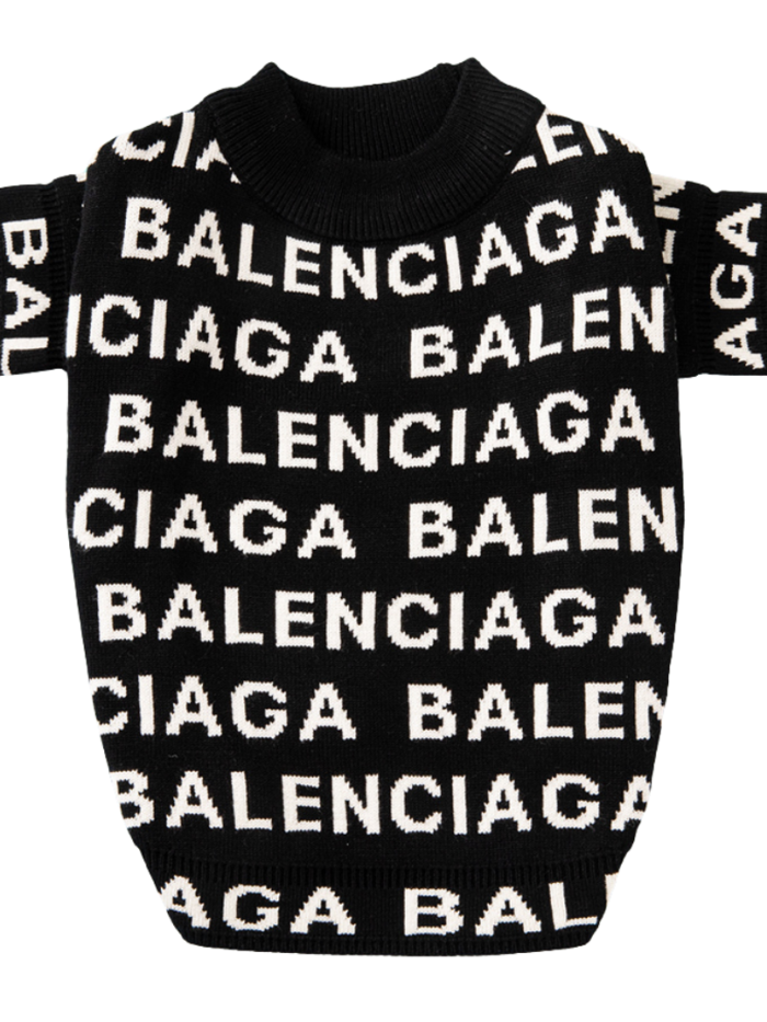 Black knit dog sweater with all-over white Balenciaga logo text
