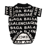 Back view of black dog sweater with repeating Balenciaga logo pattern
