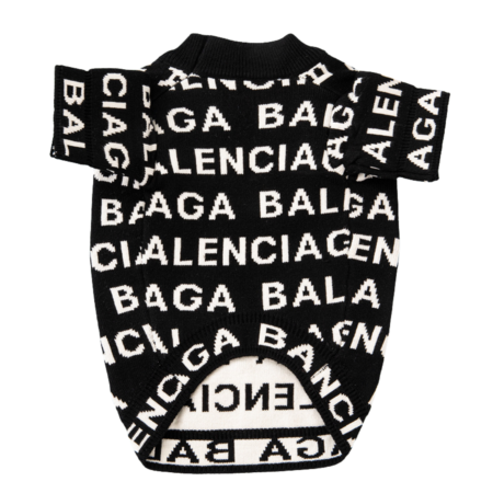 Back view of black dog sweater with repeating Balenciaga logo pattern