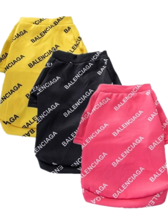 Yellow, black, and pink Pawlenciaga logo sweatshirts with all-over Balenciaga inspired print