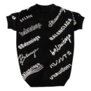 Black knit dog sweater with white Pawlenciaga typography pattern inspired by Balenciaga