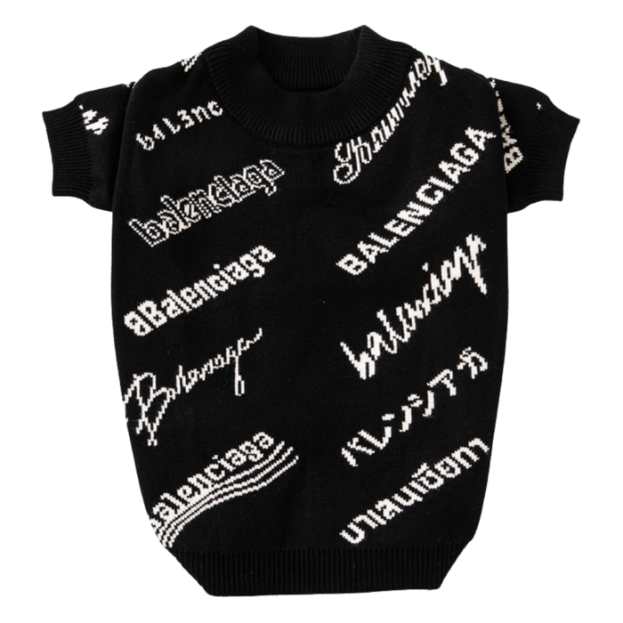 Black knit dog sweater with white Pawlenciaga typography pattern inspired by Balenciaga