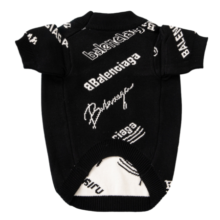 Back view of black typography sweater showing Pawlenciaga script lettering