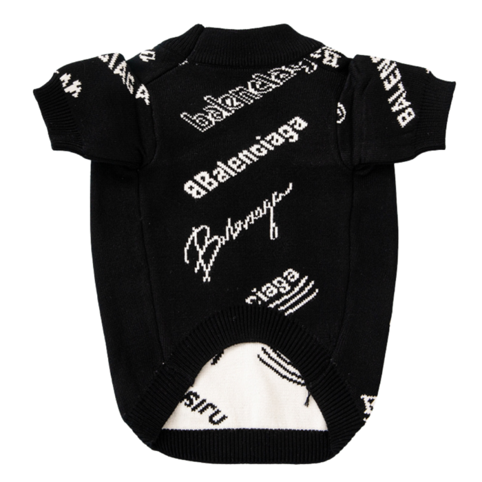 Back view of black typography sweater showing Pawlenciaga script lettering