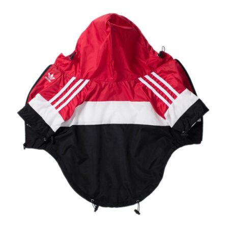 Red white and black colorblock dog windbreaker with three stripes inspired by Adidas