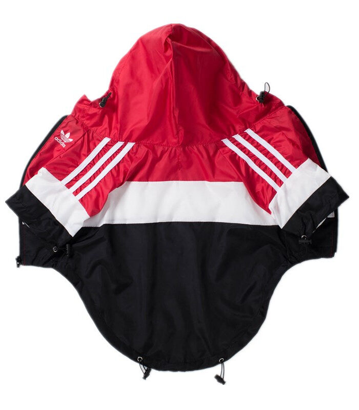 Red white and black colorblock dog windbreaker with three stripes inspired by Adidas