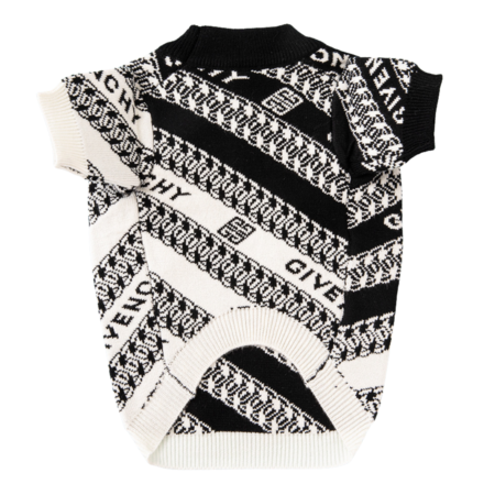 Back view diagonal stripe dog sweater with geometric monogram pattern black and white