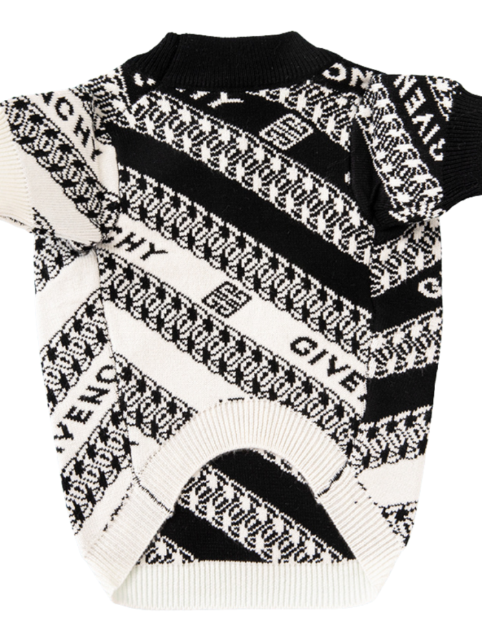 Back view diagonal stripe dog sweater with geometric monogram pattern black and white