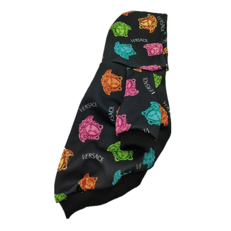 Side view of Pawsace medusa print hoodie showing baroque pattern inspired by Versace