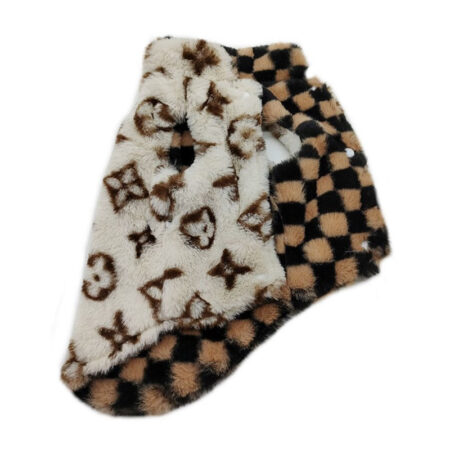 Reversible dog vest showing monogram side and checkered pattern side Louis Vuitton inspired