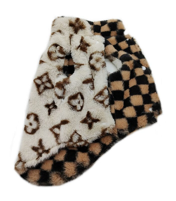 Reversible dog vest showing monogram side and checkered pattern side Louis Vuitton inspired