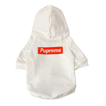 White dog hoodie with red Pupreme box logo streetwear style
